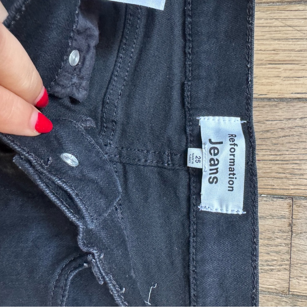 Reformation Charcoal Denim Jeans- frayed hem, stretchy - Picture 3 of 3